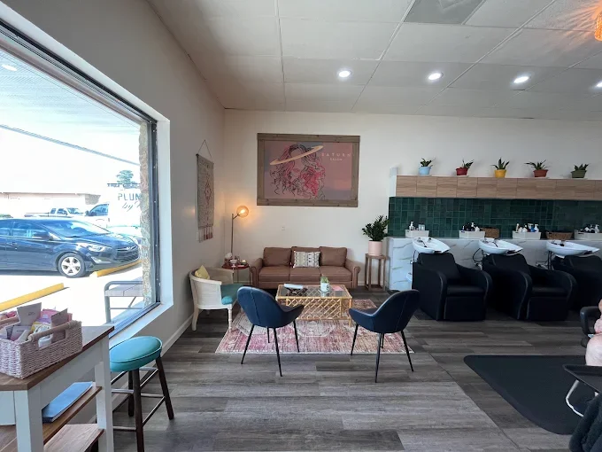 A cozy salon or spa interior with a seating area featuring a brown sofa and two blue chairs, a small coffee table, and a rug. There are three wash stations with black chairs and white sinks. Decor includes a pink framed artwork, potted plants, and a 