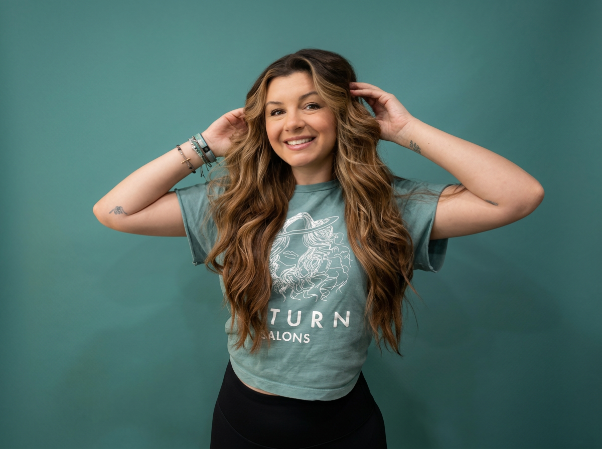Smiling woman with long wavy hair wearing a green T-shirt and black pants standing against a green background.