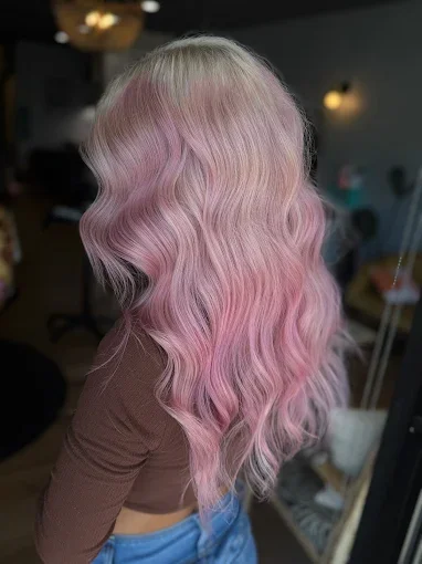 Woman with long, wavy hair in shades of pink and blonde, wearing a brown top.