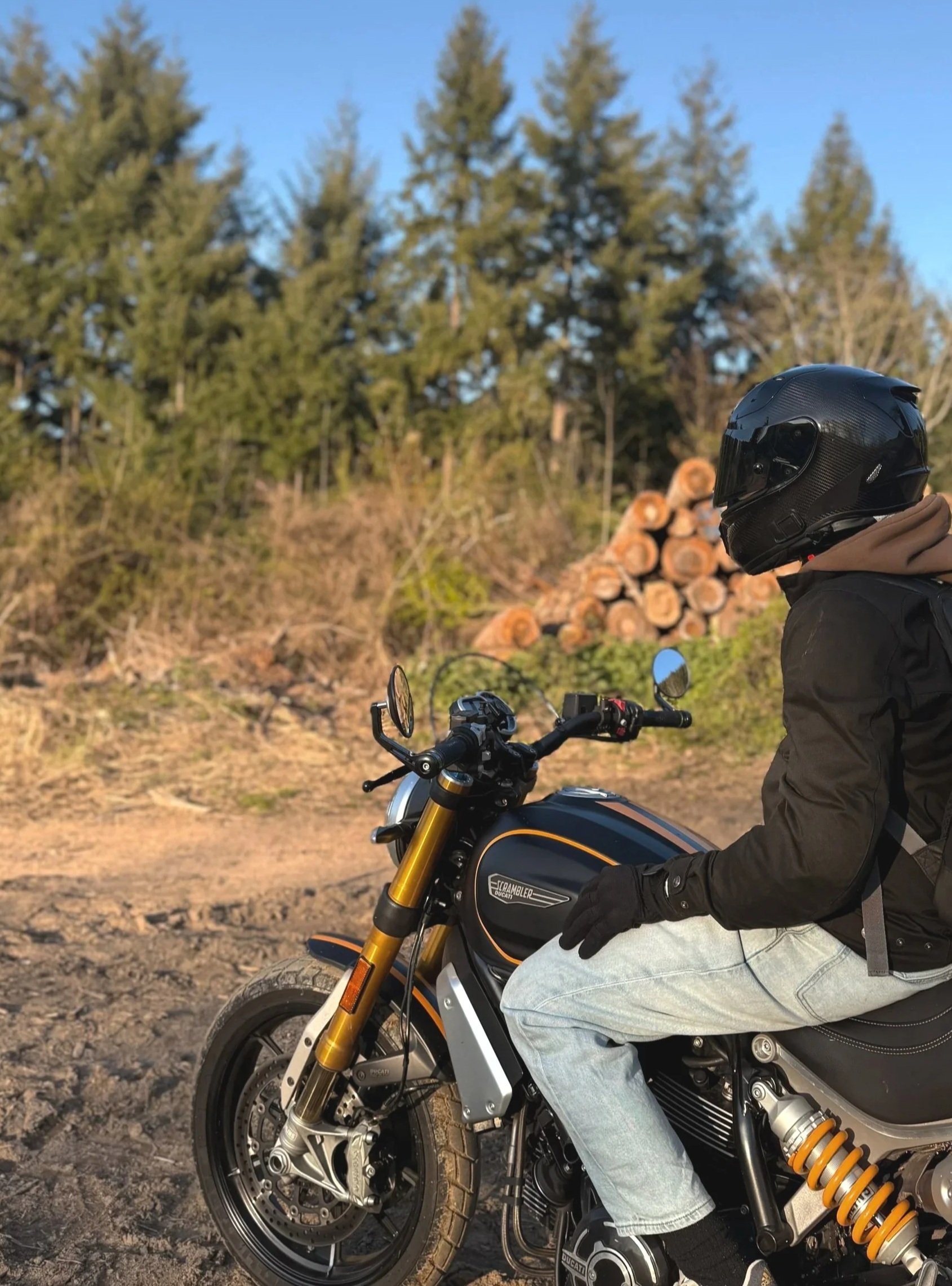 Un motard portant un casque noir, une veste noire et des gants gris, assis sur une moto Ducati Scrambler, avec arri robot de bois et forêt en arrière-plan.