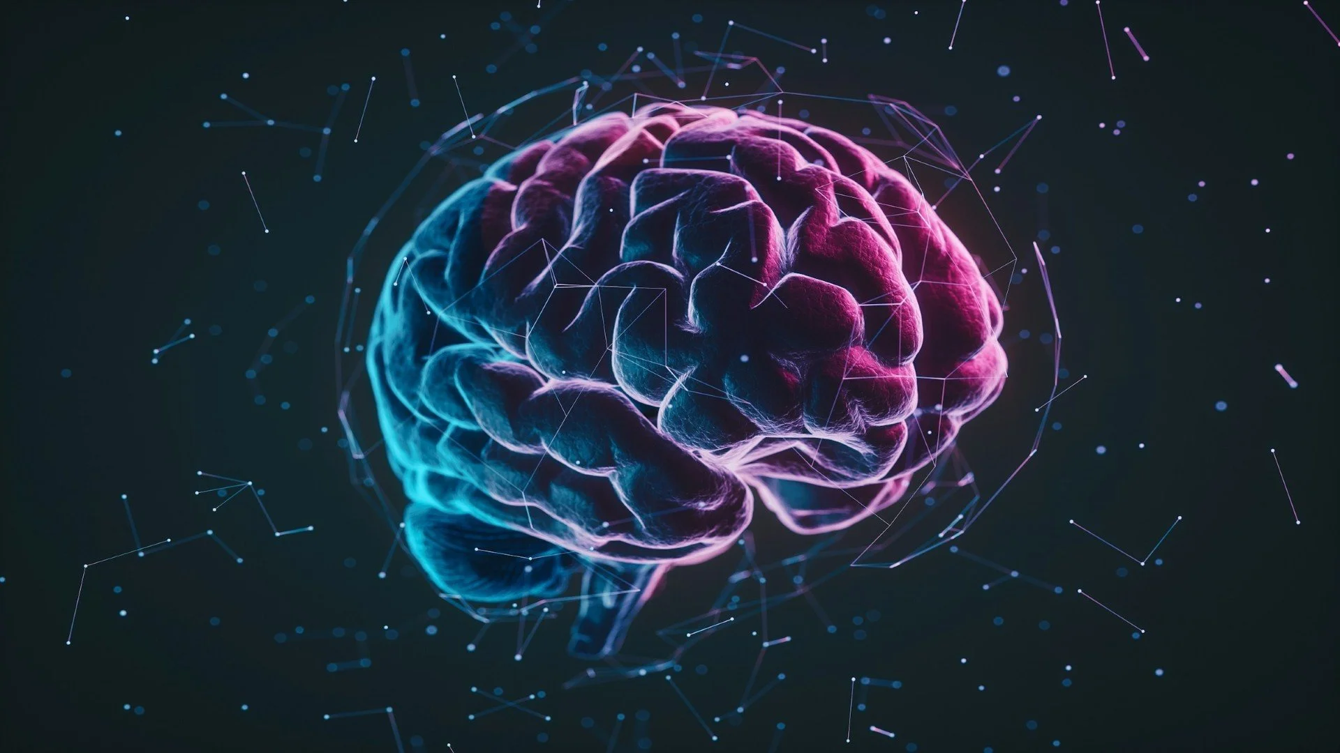 Digital illustration of a human brain in neon purple and blue, surrounded by connecting lines and dots on a dark background, representing artificial intelligence or neural networks.