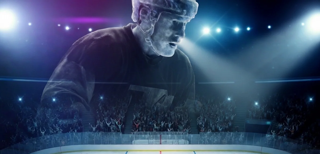 Composite image showing a male hockey player in helmet and gear overlaid on an ice hockey rink with cheering crowd and bright arena lights.