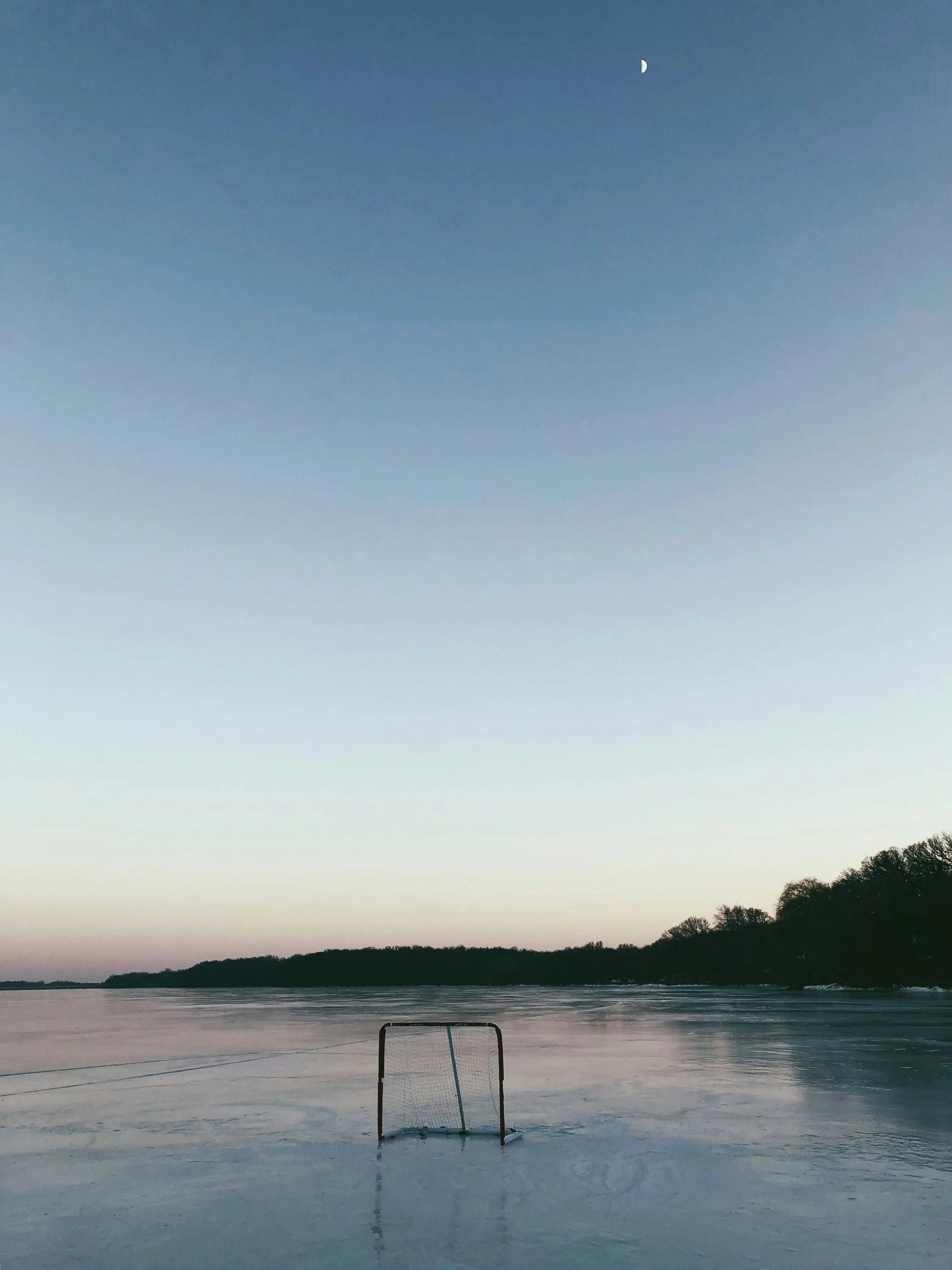 A hockey net on ice in a flooded landscape with trees in the distance and a twilight sky with a visible moon.