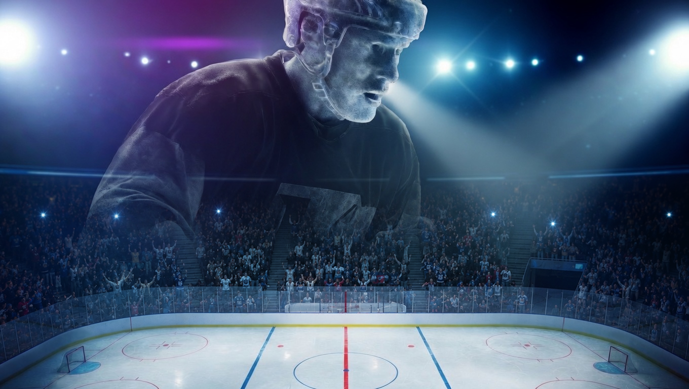 A giant digital overlay of an ice hockey player in a helmet and uniform on the ice rink at a hockey arena, with spectators in the stands.
