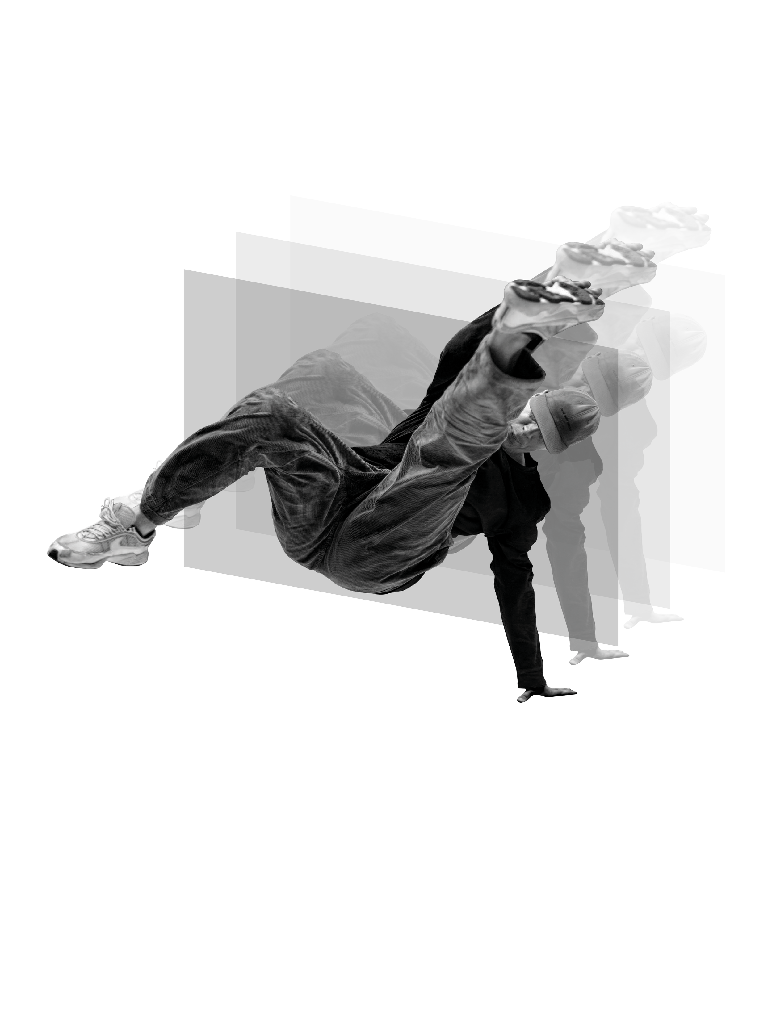 A digitally manipulated image of a person in a handstand, with their body and head duplicated multiple times and extending outward in a recursive pattern. The image is mostly in black and white with some grayscale tones.