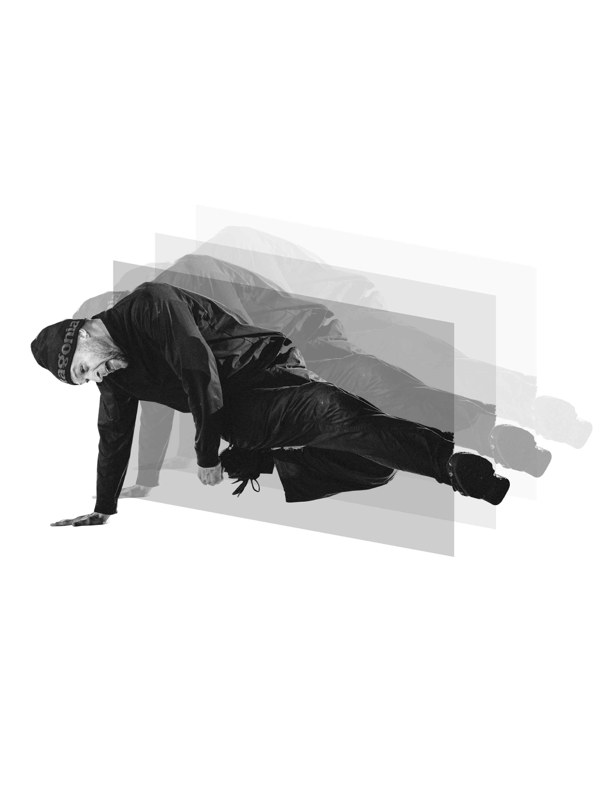 Black and white photo of bboy Intact on an abstract digital background.