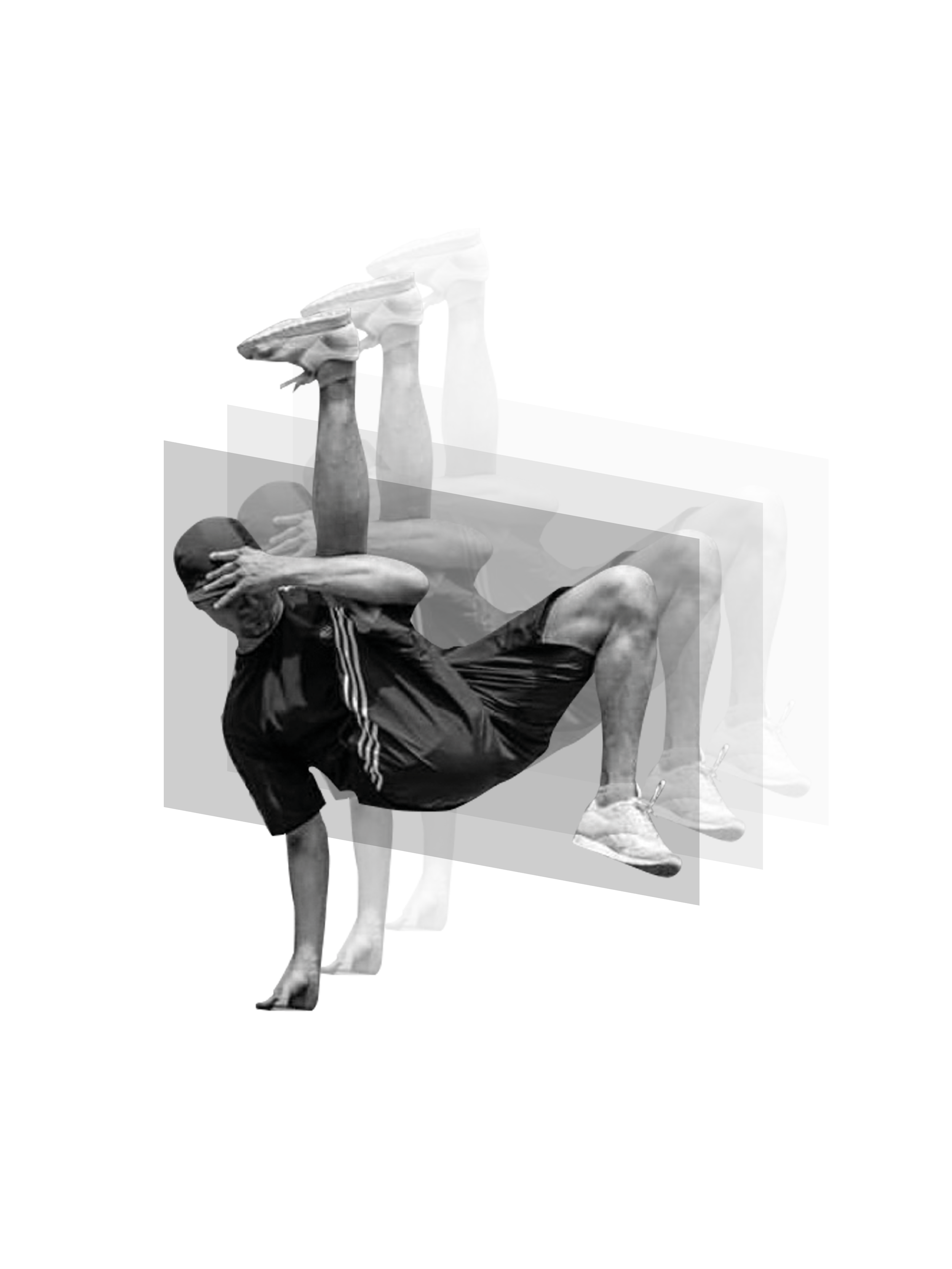 A black and white photo of bboy Pluto.