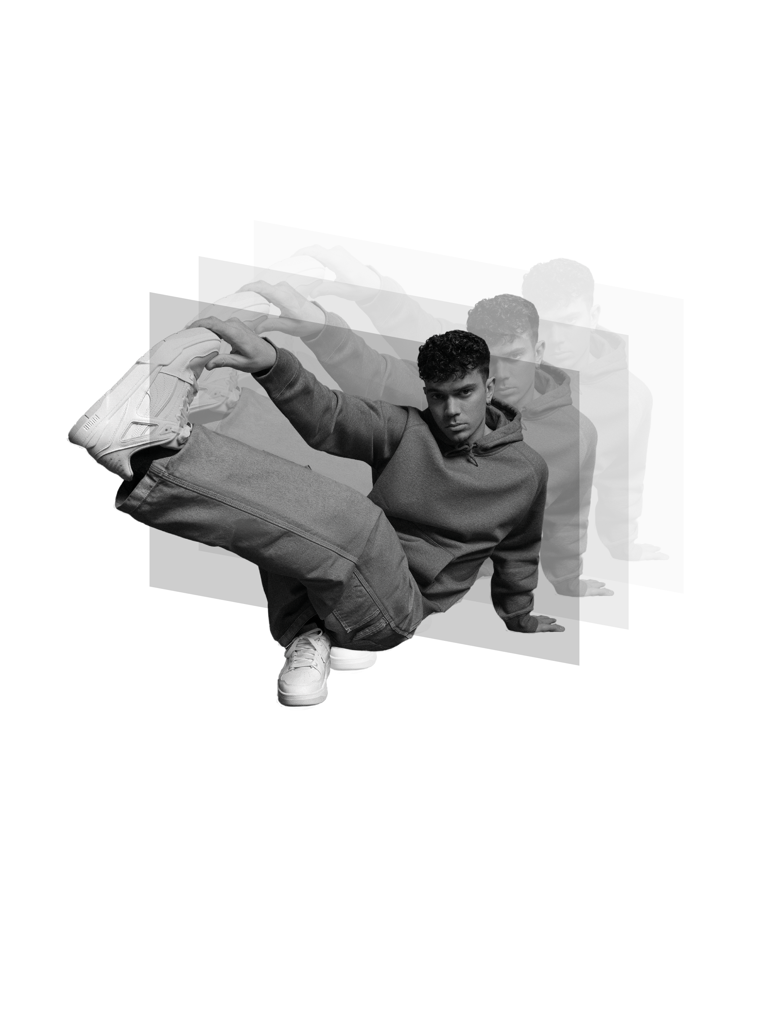 Black and white photo of a young man performing a physical pose, lying on his side with his legs bent and arms extended, with multiple mirrored images creating a layered effect.