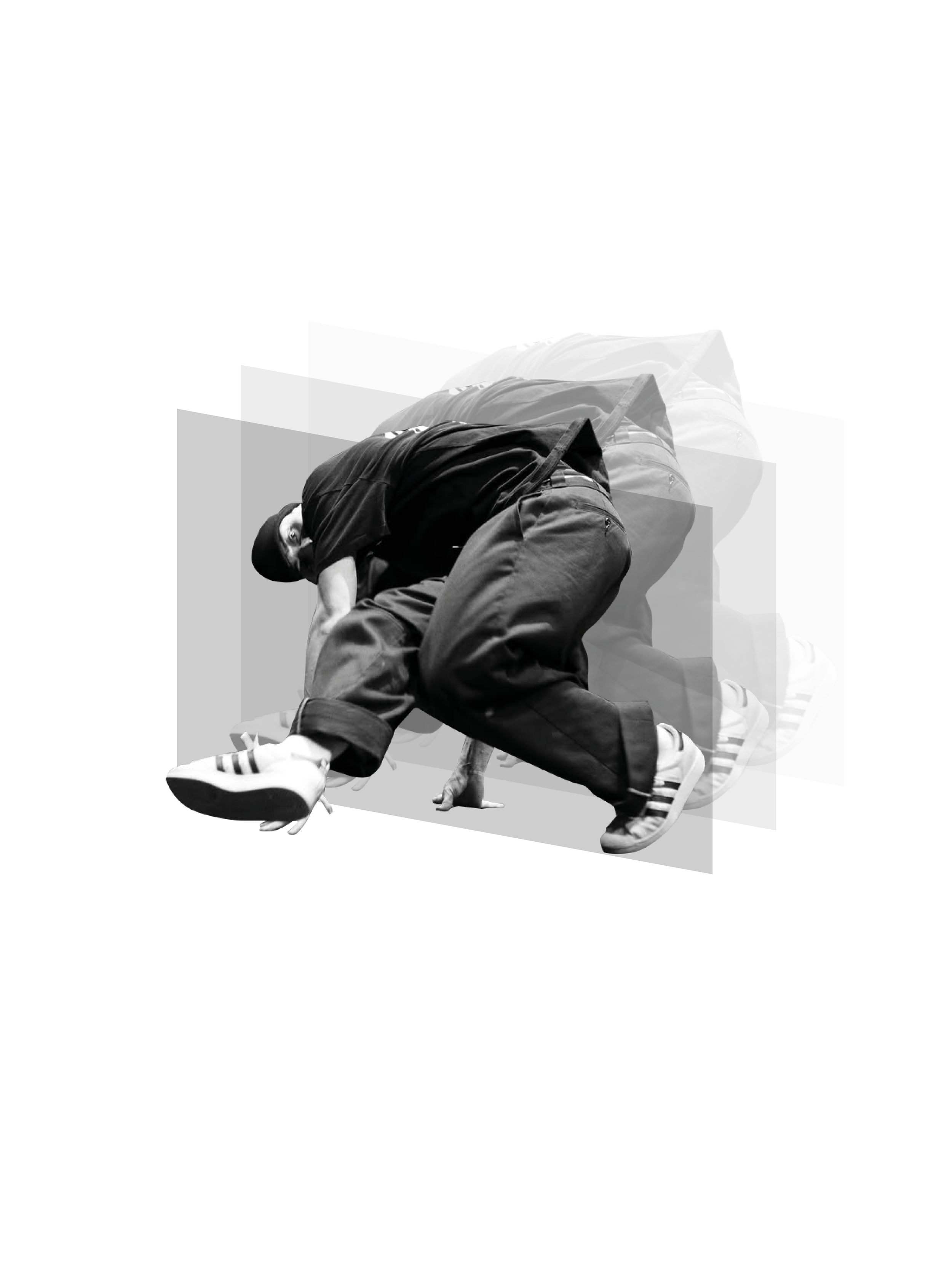 Black and white photo of a bboy Shynoh.