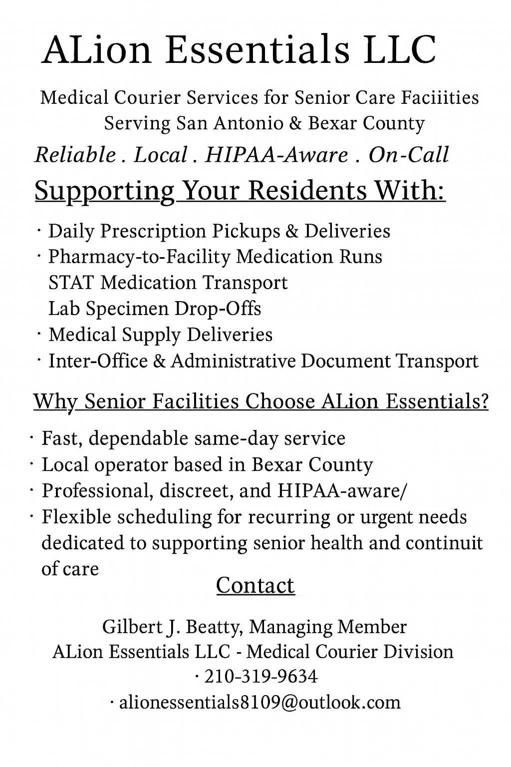 Business flyer for Alion Essentials LLC offering medical courier services for senior care facilities in San Antonio and Bexar County, highlighting dependable same-day service, local operation, professional HIPAA-aware staff, and contact information.