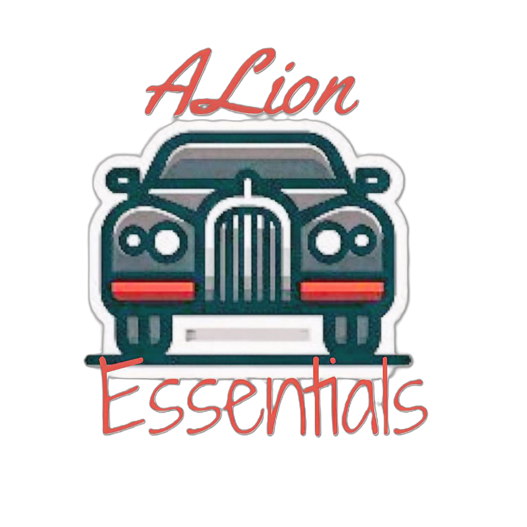 Neon sign featuring a front view of a classic car with the words 'A Lion Essentials' written above and below in red cursive font.