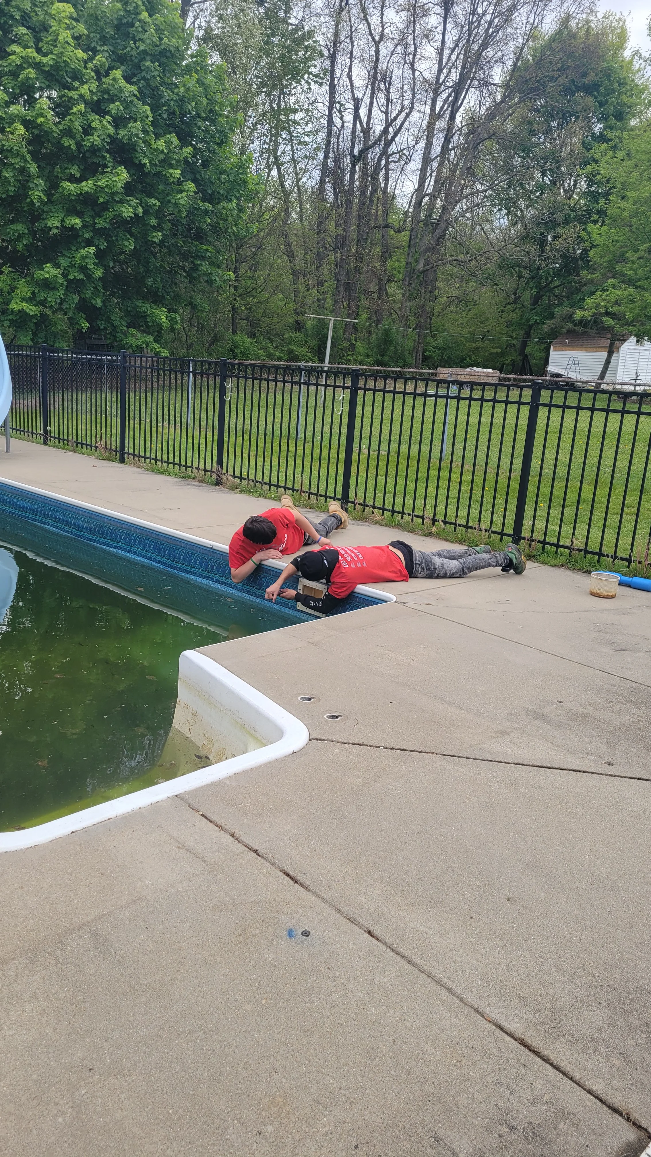 Two young boys wearing red shirts are kneeling by the edge of a swimming pool, looking into the water and inspecting it closely. One boy is touching the water with his hand while the other leans over, observing.