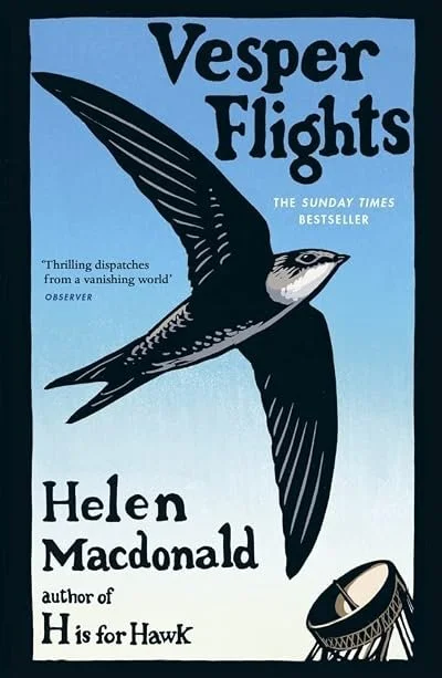 Book cover for 'Vesper Flights' by Helen Macdonald featuring a soaring bird and a drum.