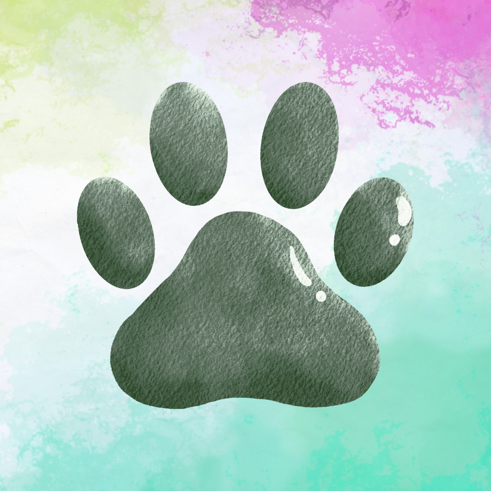 Gray paw print with a watercolor pastel background of green, pink, and blue.
