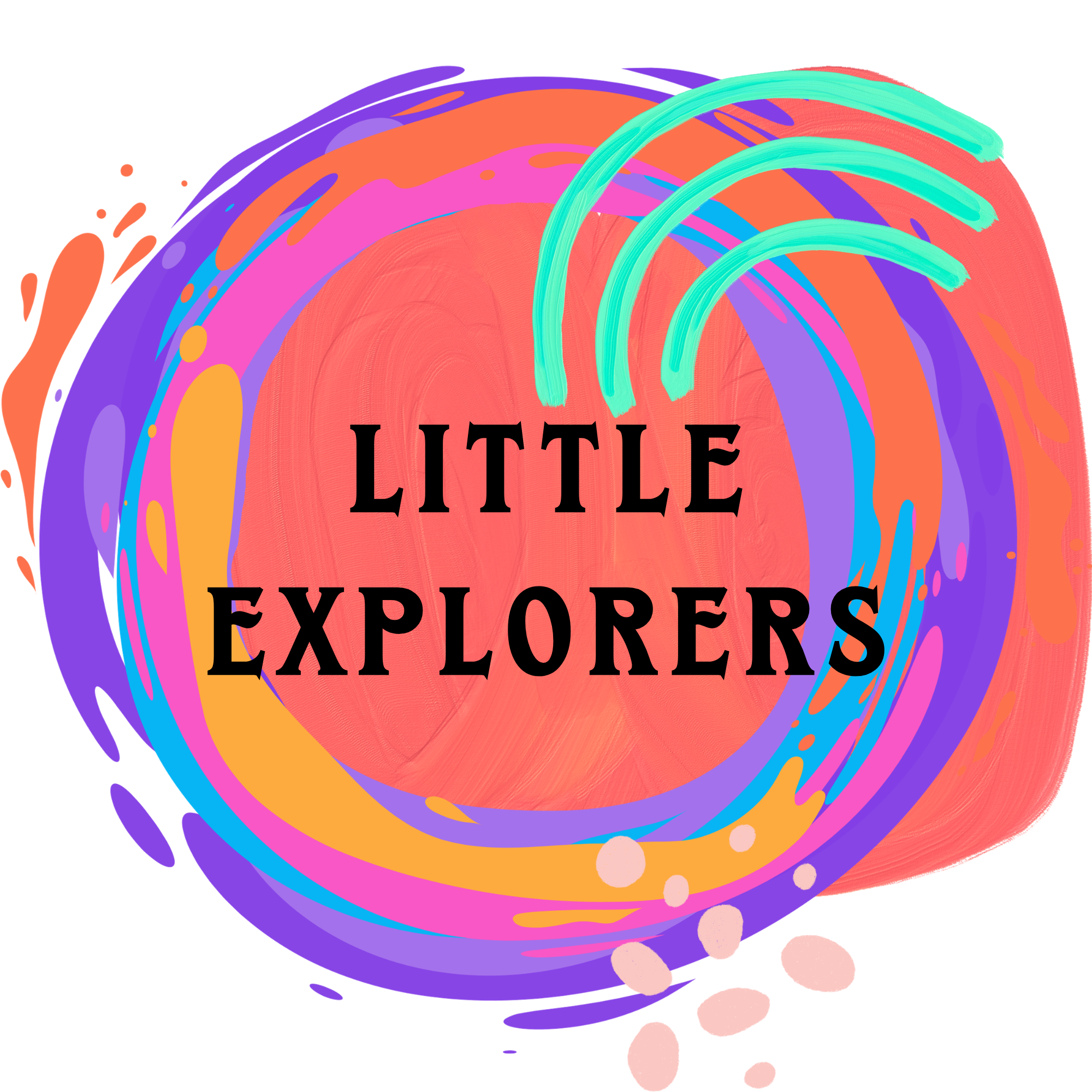 Colorful abstract illustration with splashes and brushstrokes surrounding the words 'Little Explorers' in black text.