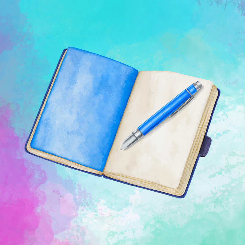 Open notebook with blank pages and a blue pen resting on it, against a pastel-colored background.