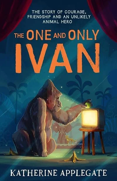 Book cover for "The One and Only Ivan" by Katherine Applegate, featuring a monkey watching TV, with a jungle background.