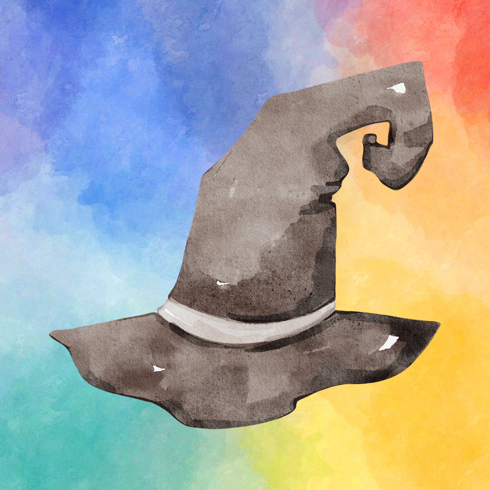 Watercolor illustration of a witch's hat with a buckle, set against a rainbow-colored background.