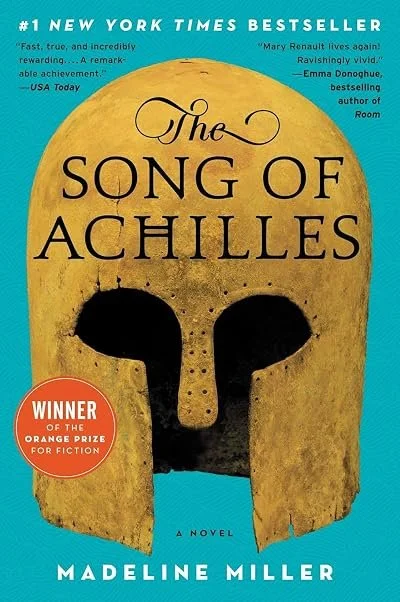 Cover of the book 'The Song of Achilles' by Madeline Miller, featuring a yellow Trojan helmet with a black opening, against a turquoise background, with text highlighting awards and reviews.