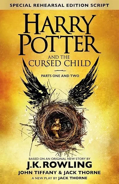 Cover of 'Harry Potter and the Cursed Child,' featuring a nest with wings and Harry Potter inside, with a yellow background.