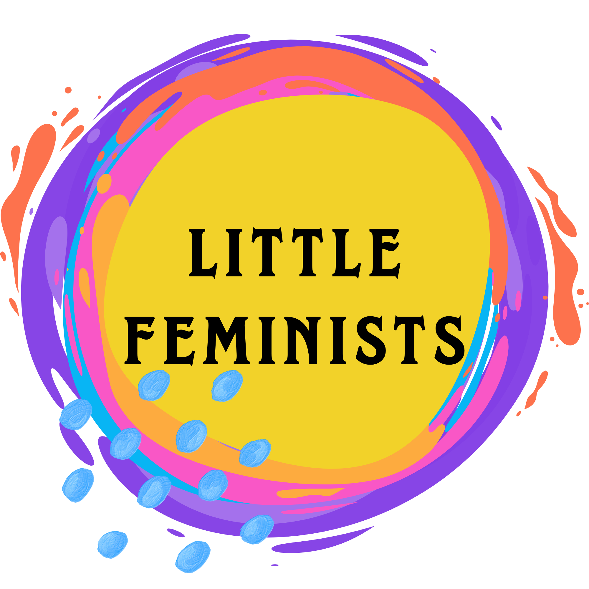 Colorful abstract badge with a yellow circle in the center containing the text 'LITTLE FEMINISTS' in black, surrounded by pink, purple, blue, and orange swirling shapes and patterns.