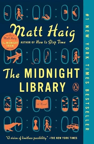 Book cover titled "The Midnight Library" by Matt Haig, featuring illustrations of socks, a person jogging, a hand, a kitty, a person walking a dog, a car, and a chess piece, with a quote from The New York Times.