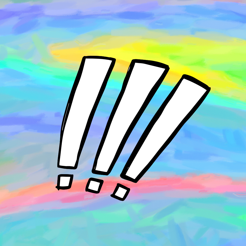 Colorful, abstract background with large black and white exclamation marks in the center.