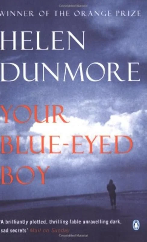 Book cover for "Your Blue-Eyed Boy" by Helen Dunmore, featuring a cloudy sky and a silhouette of a person standing by water.