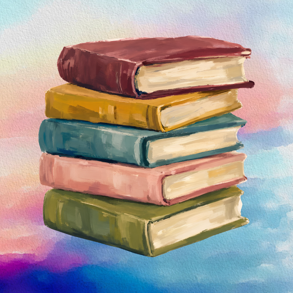 A stack of five watercolor-painted books in various colors against a pastel background.