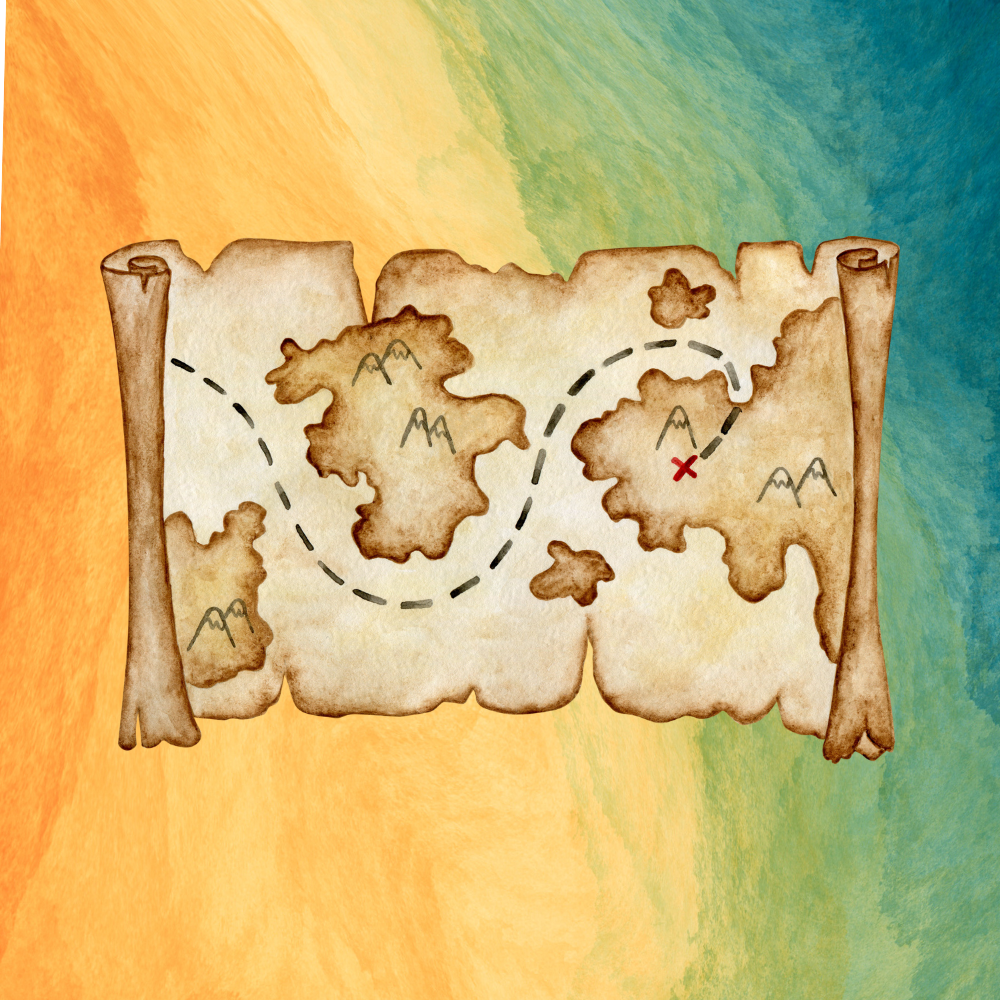 A treasure map on a scroll with a rainbow background, showing landmasses, mountains, a dashed path, and a red X marking a location.