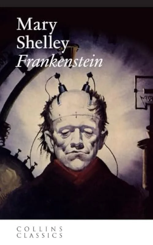 Book cover of Mary Shelley's Frankenstein, depicting a drawing of Frankenstein's monster with a dark, industrial background.