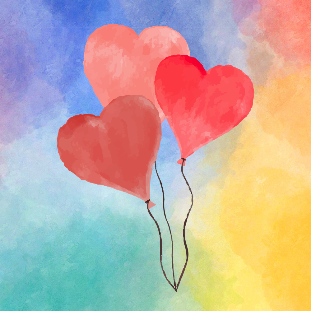 Three heart-shaped balloons in pink, red, and reddish-orange floating against a colorful watercolor background.