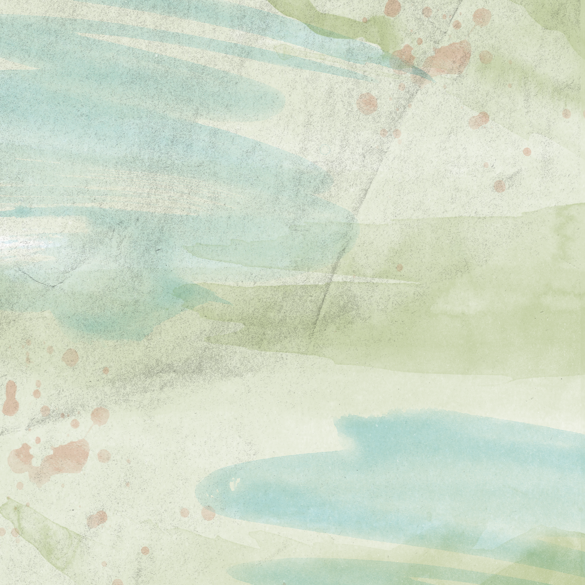Abstract watercolor background with shades of green, blue, and beige, and scattered paint splatters.