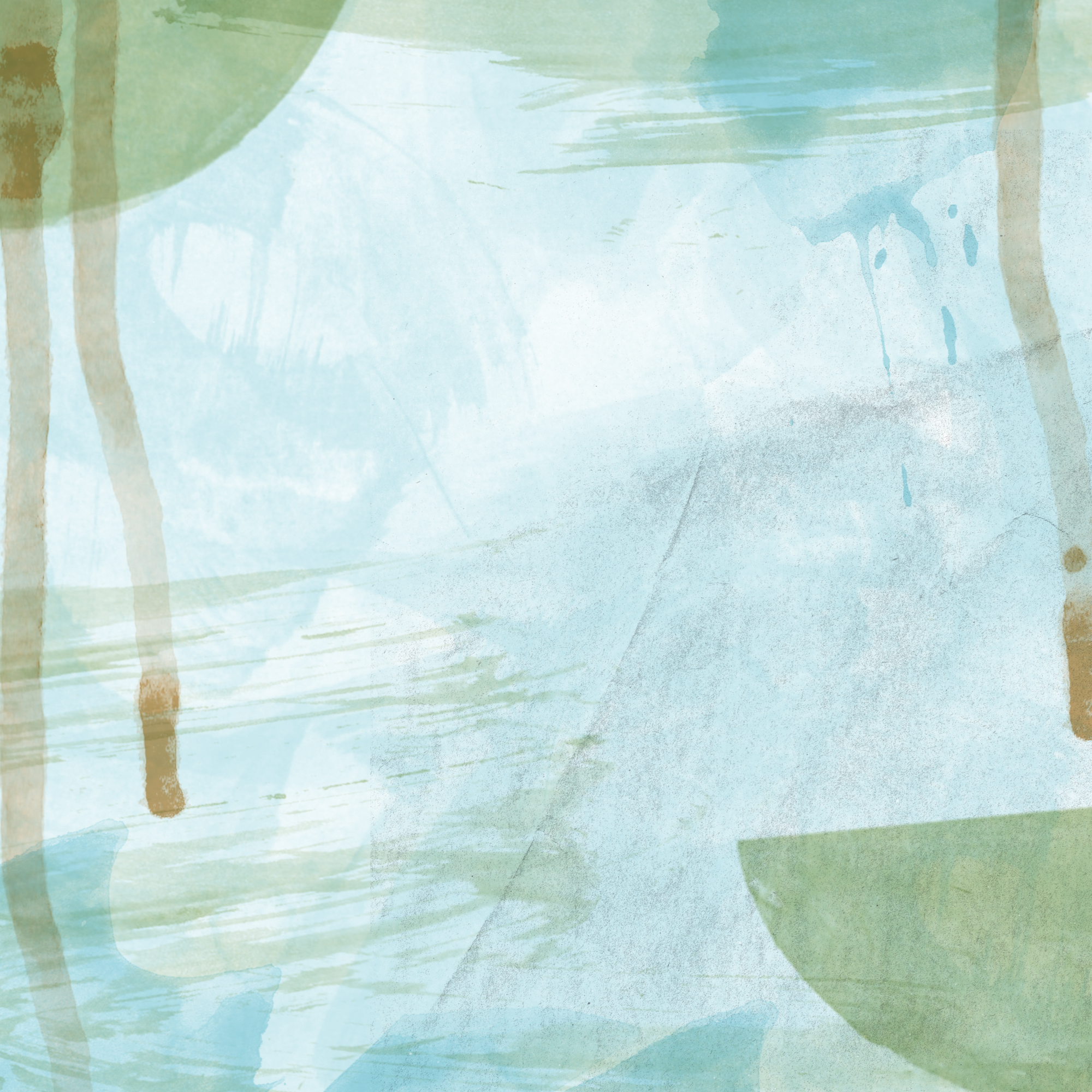 Abstract watercolor background with shades of blue, green, and brown, featuring soft brushstrokes and drips.