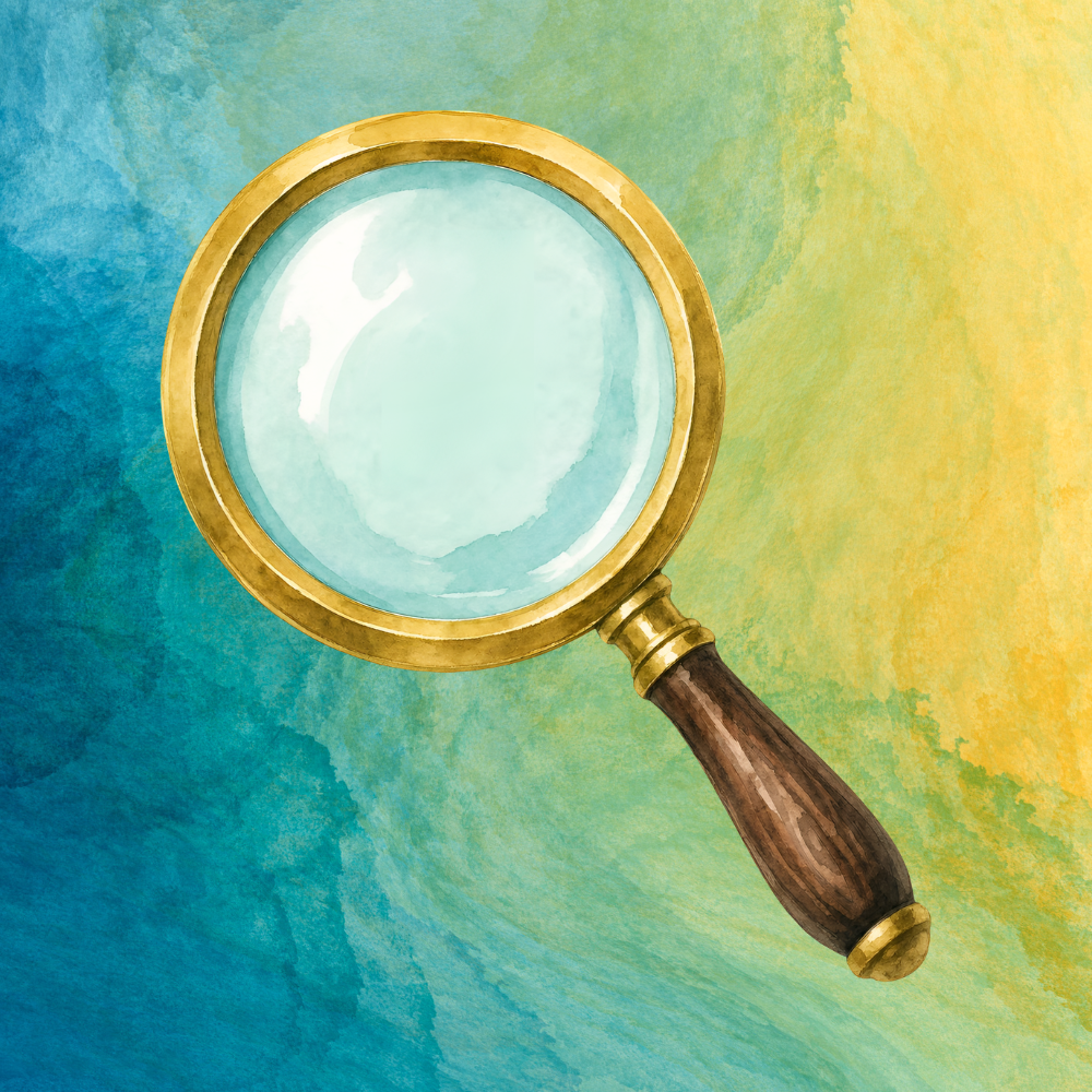Watercolor illustration of a magnifying glass with a gold frame and wooden handle against a multicolored background.