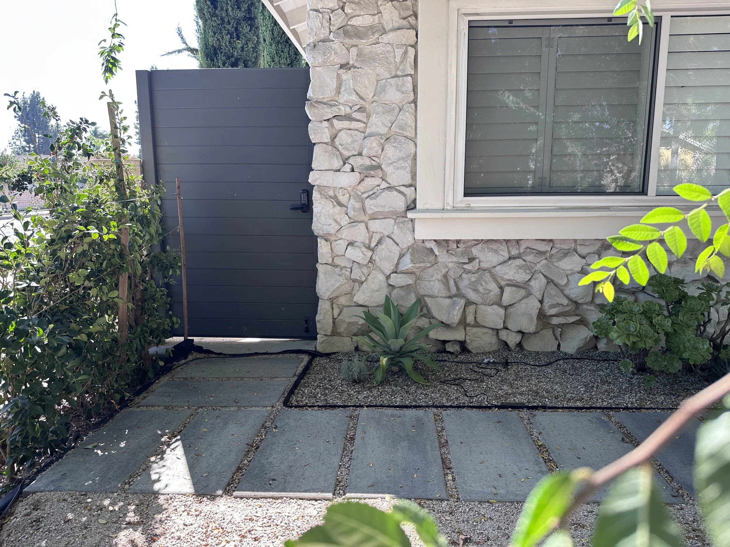 A residential backyard with a gray wooden gate, a stone wall, a window with shutters, and a garden with various plants and shrubs.