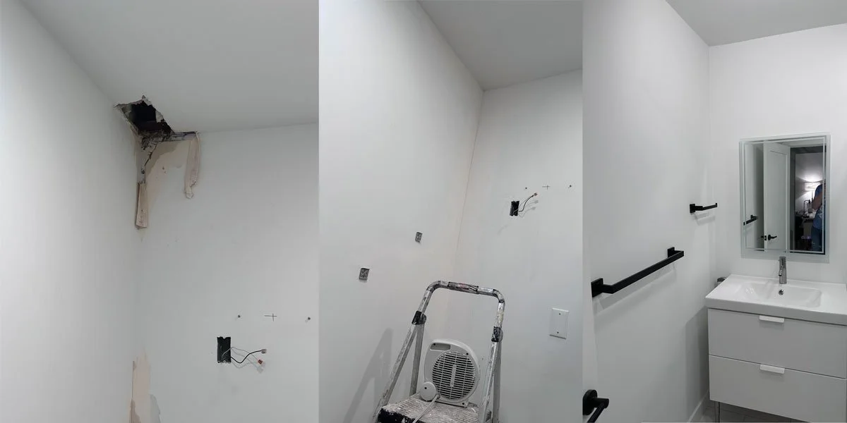 Sequence of three photos showing a bathroom renovation process. The first image depicts a wall with a hole in the ceiling and exposed wiring, indicating ongoing electrical work. The second image shows a wall with unfinished holes and a small heater o