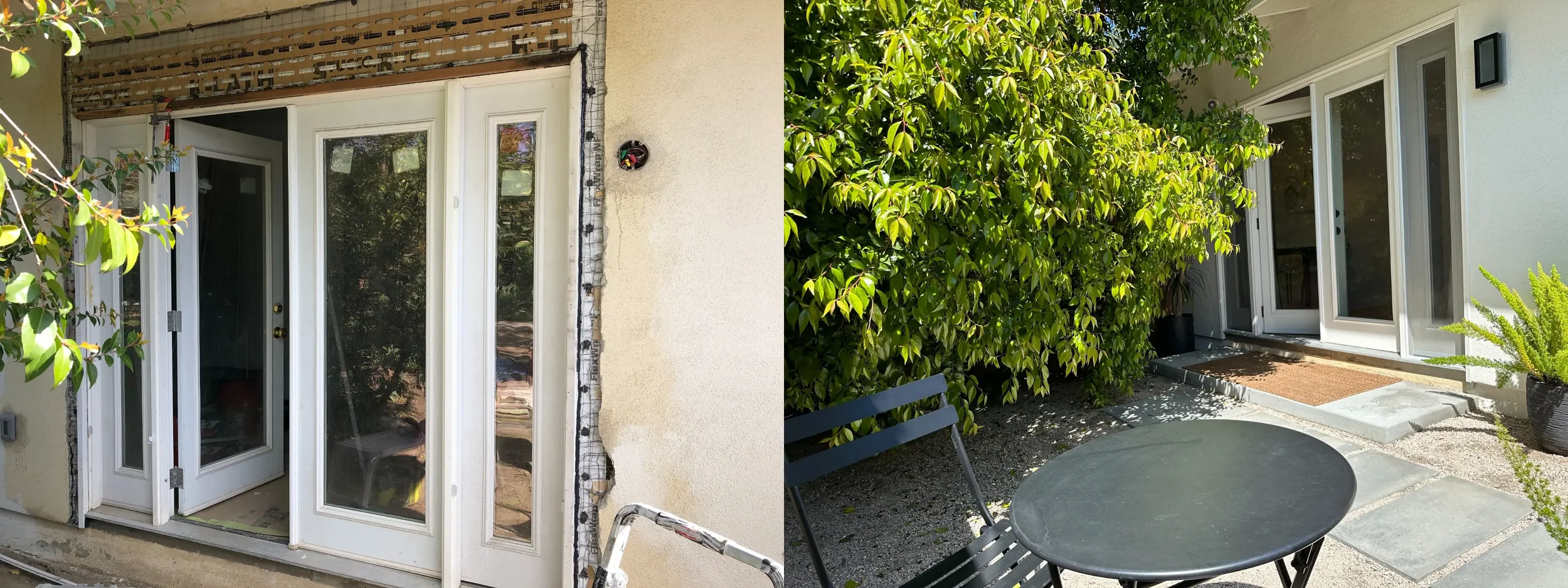 Side-by-side comparison of a house entrance, with the left showing a door under renovation with exposed brickwork and frame, and the right showing a cleaned entrance with plants, a small table, and chairs.