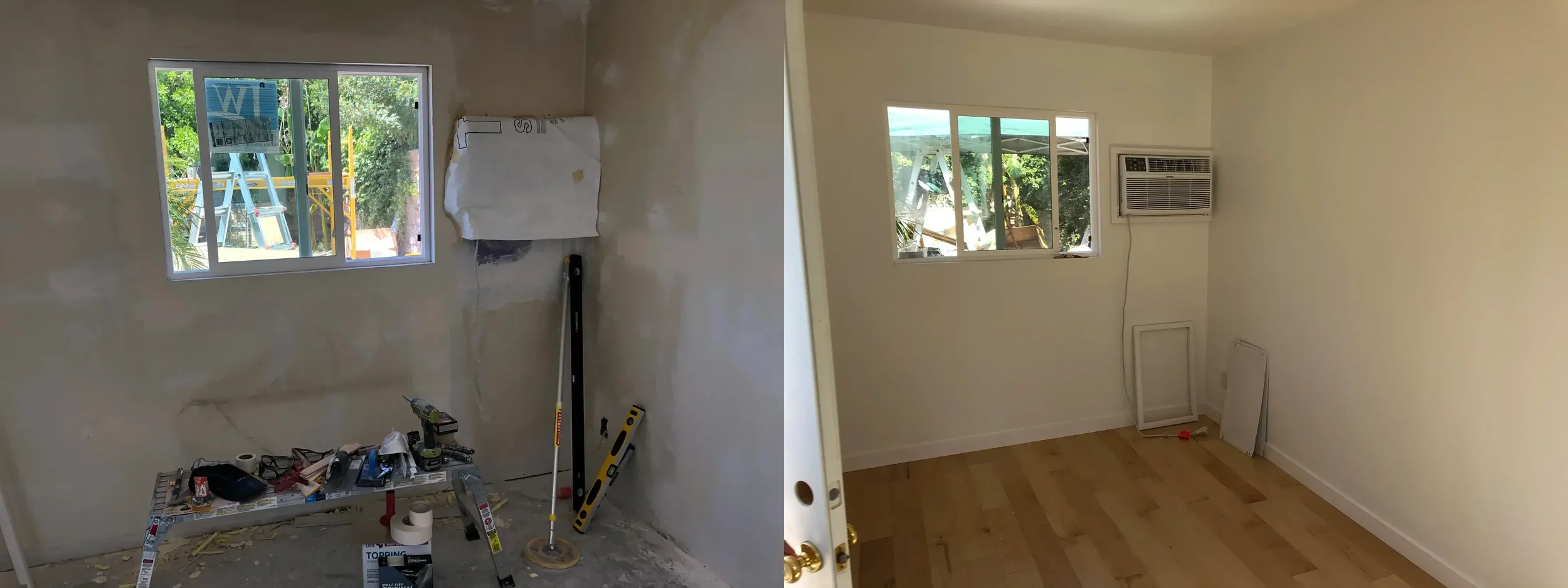 Side-by-side comparison of a room under renovation; left side shows an unfinished space with tools, construction materials, and unpainted walls, while the right side shows a completed room with painted walls, a window, and a wood floor.