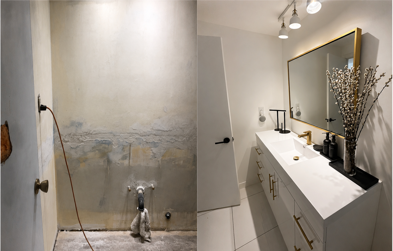 A side-by-side comparison of a bathroom before and after renovation. The left side shows an unfinished space with exposed pipes, peeling drywall, and no fixtures. The right side features a completed, modern bathroom with a large mirror, white vanity 