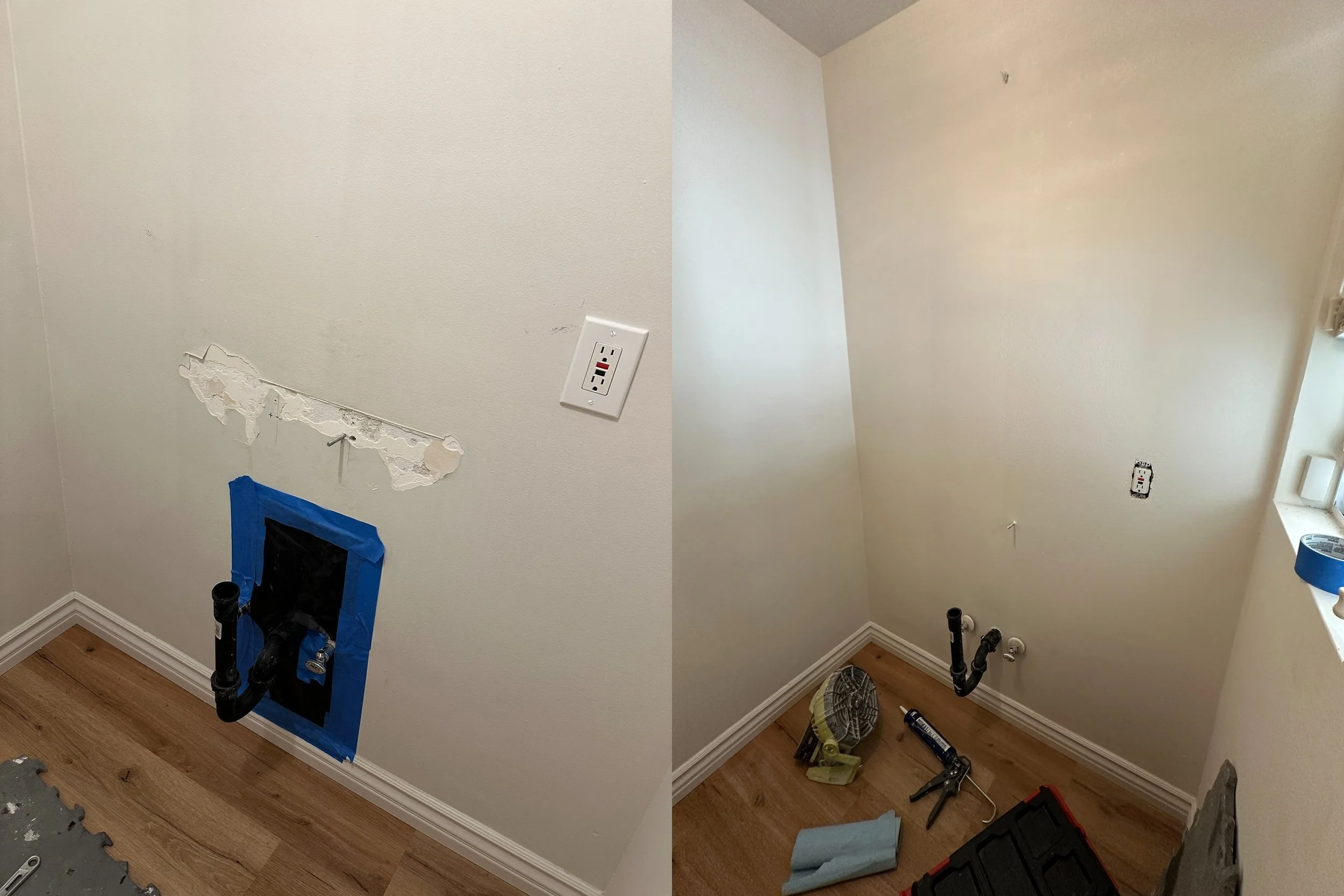 Interior of a room under renovation with beige walls, one of which has a large hole with drywall patches and exposed pipes. There are tools and construction supplies scattered on the floor, including a drill, a flashlight, and blue painter's tape. An