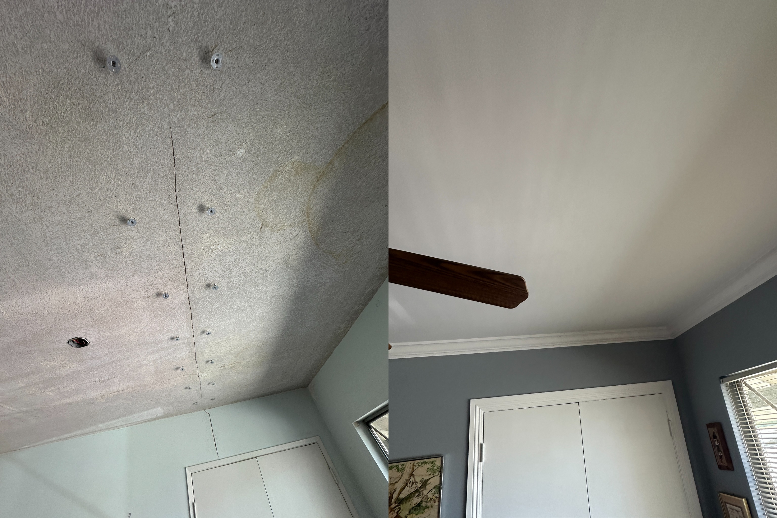 Photo of an unfinished ceiling with exposed drywall, light fixtures, and a crack, next to a finished ceiling with white paint and a crown molding in a room with a window, wall art, and a window air conditioning unit.