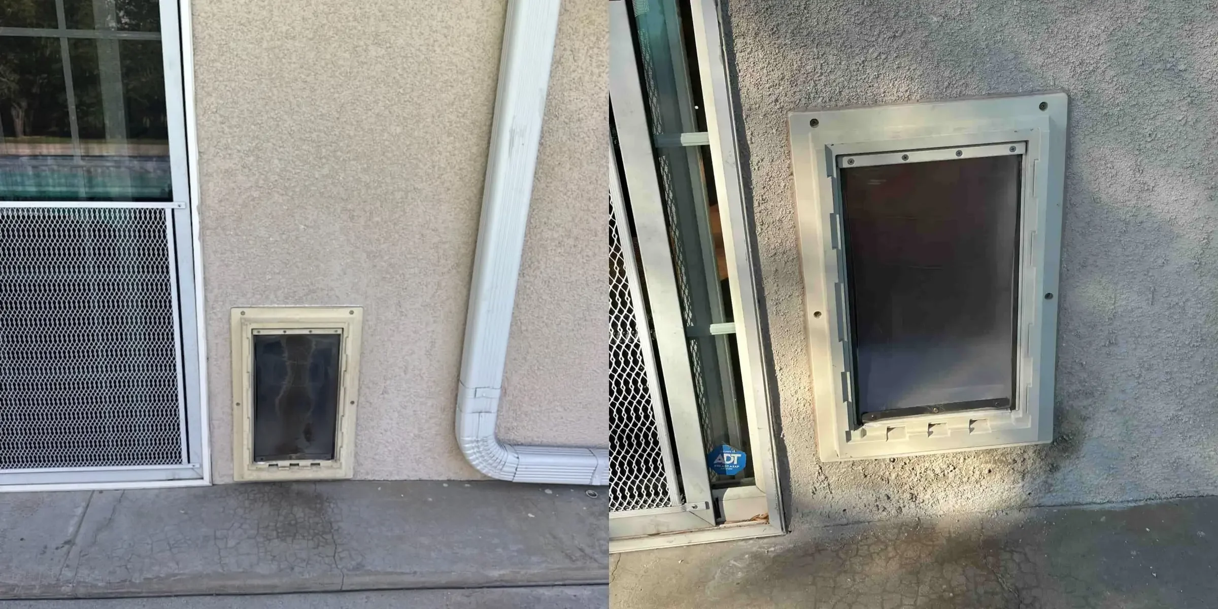 Side view of a building's exterior wall with two pet doors, a small one and a larger one, and a white gutter running along the wall.