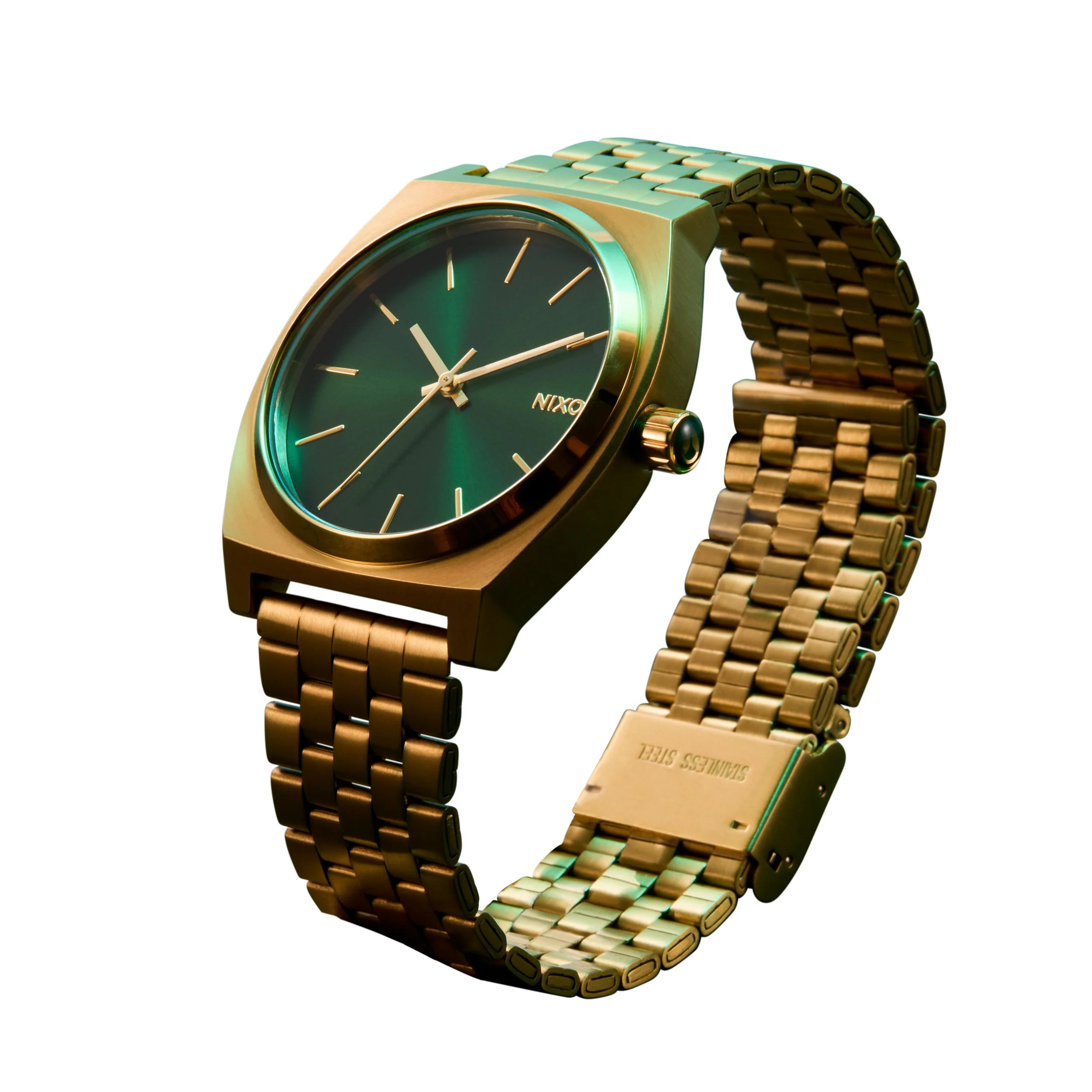 Retouched product shot of a Nixon wristwatch. Shot to be composited into the AI generated background image and replace the unusable AI generated watch.