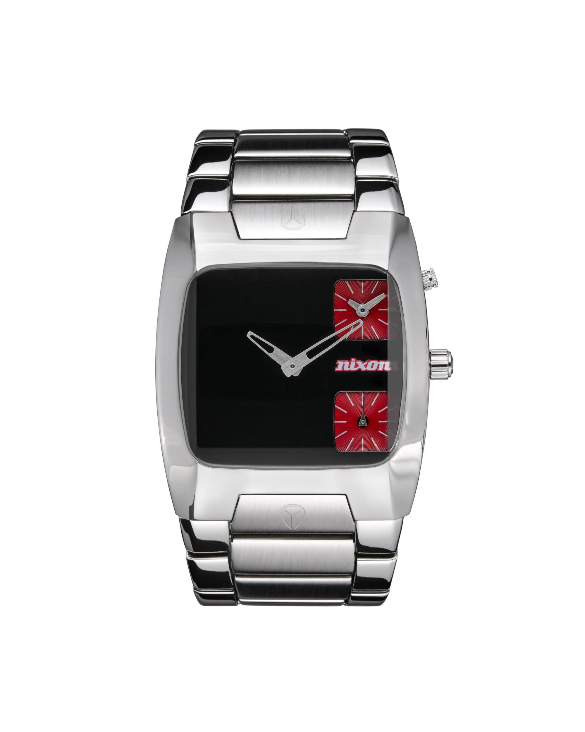Retouched photo of a silver Nixon wristwatch with a rectangular black and red face and a metal band, showing the time as approximately 10:10.