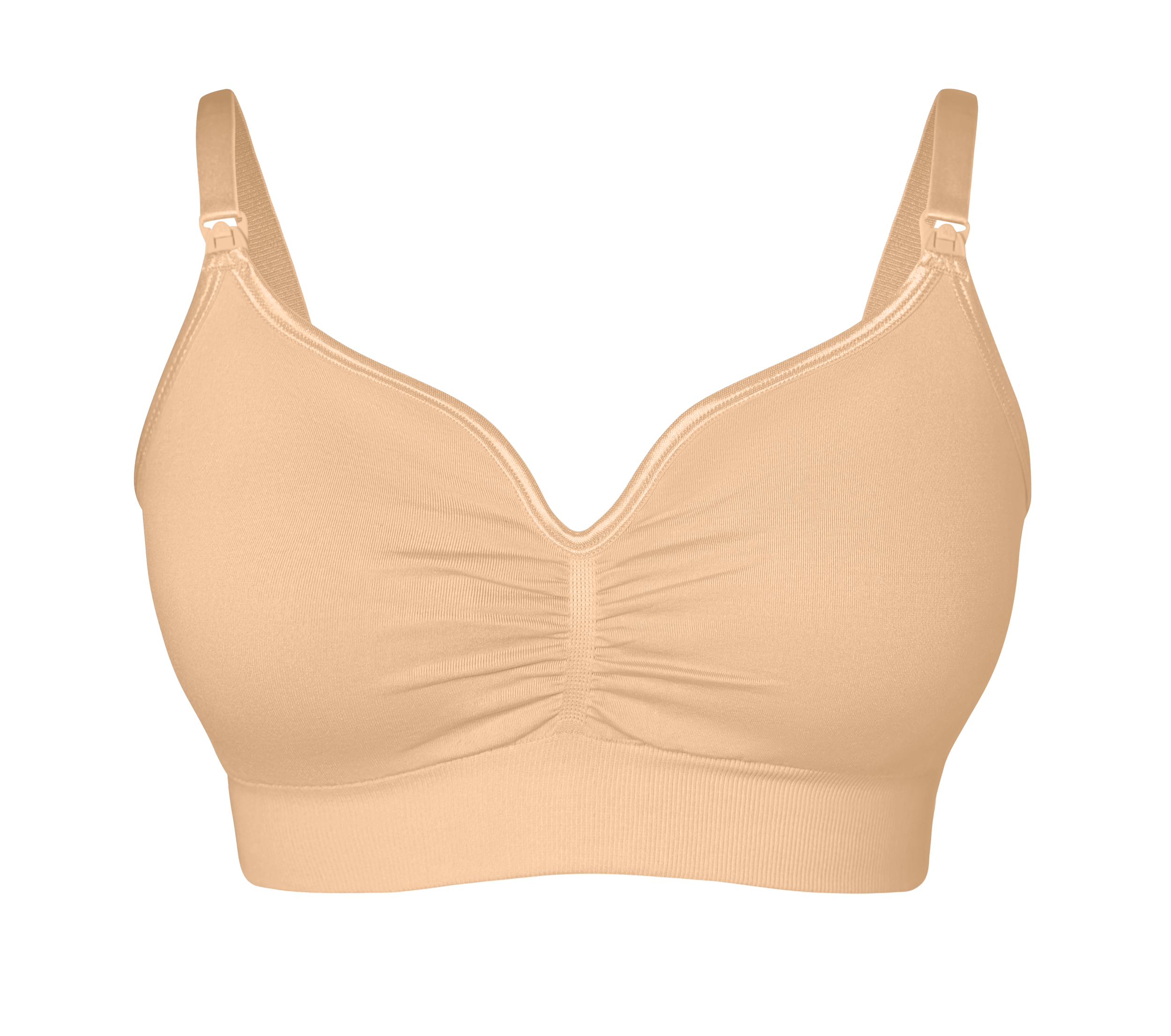 A beige bra ghost image recolored from blue with adjustable straps and a front-center seam.