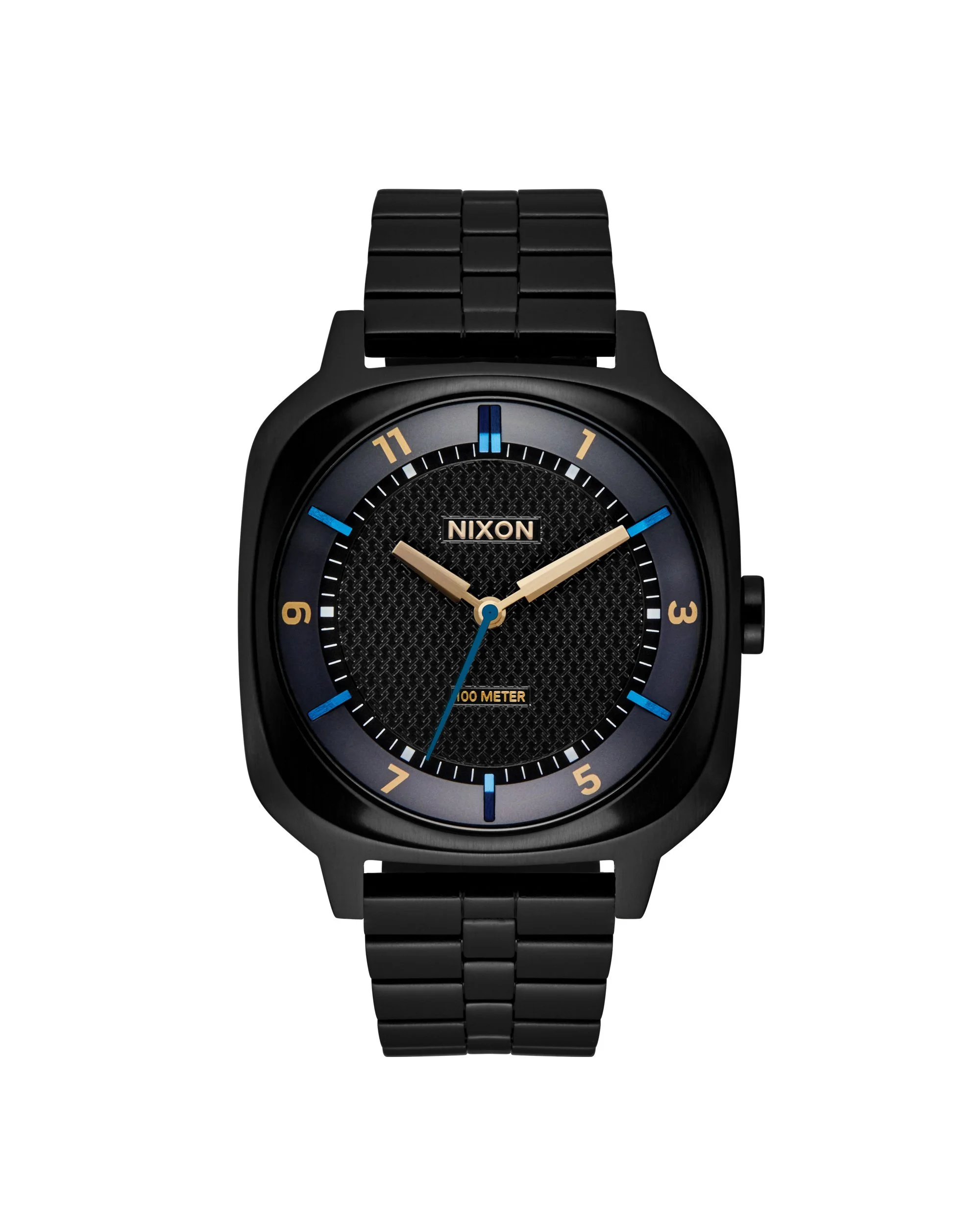Retouched e-commerce shot of a black wristwatch with a black band, round face, and gold hour markers, featuring a textured black dial and a small blue second hand.