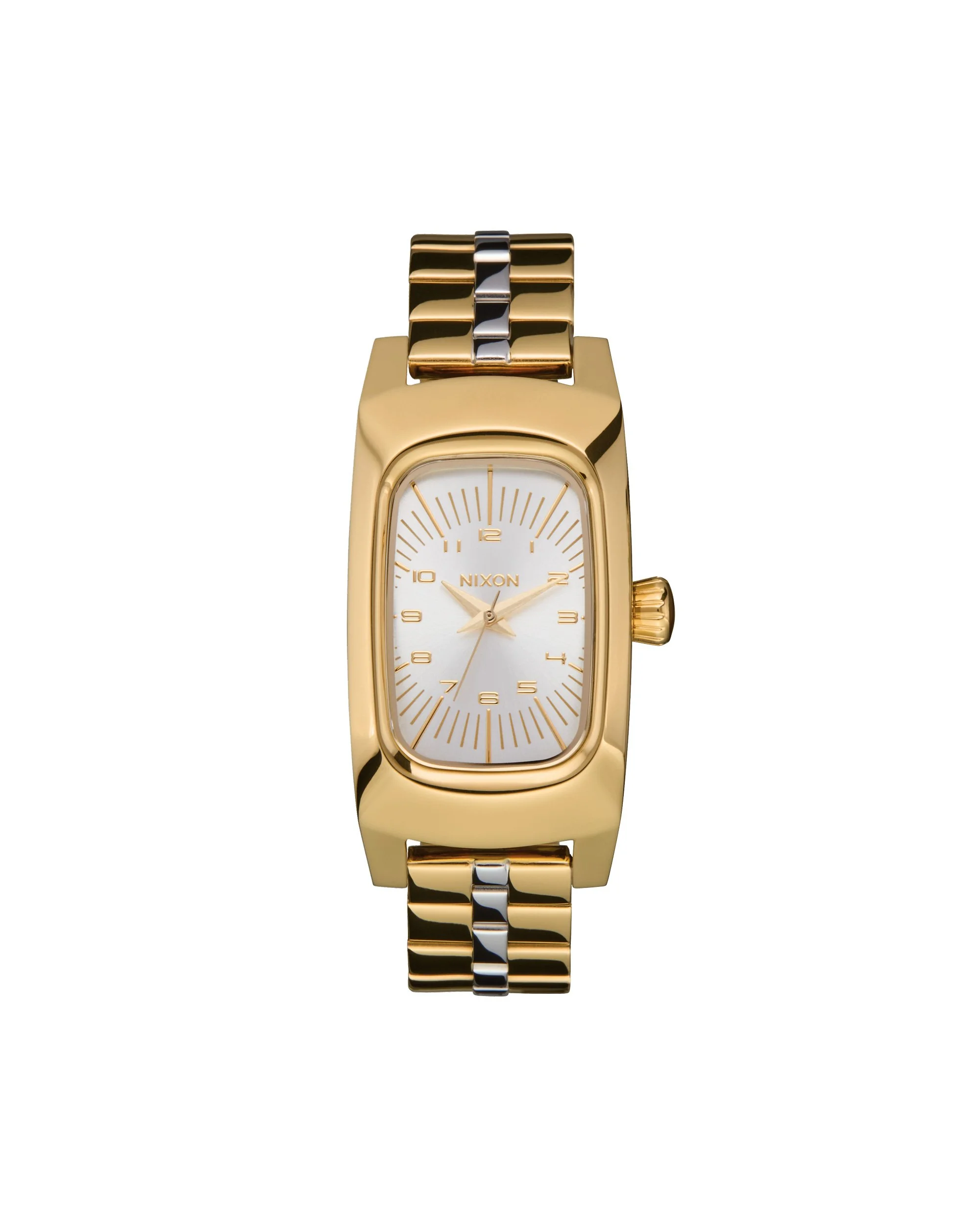 Retouched e-commerce shot of a gold and silver Nixon Frankie wristwatch with a rectangular face and white dial displaying gold hour markers and hands.