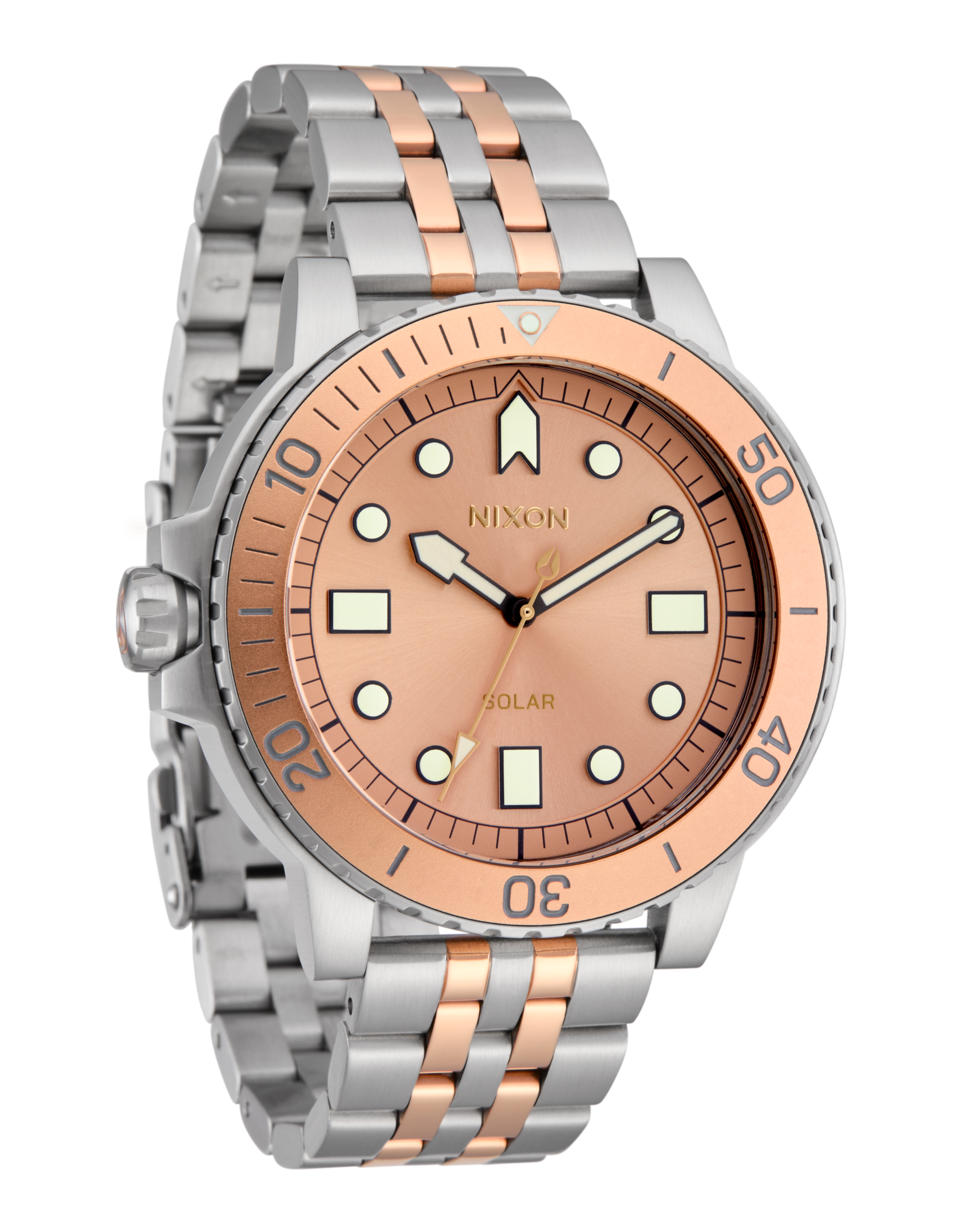 Retouched close-up of a two-tone metal wristwatch with a rose gold and stainless steel band and a matching watch face. The watch has a rotating bezel marked with minutes and a date window at 3 o'clock.