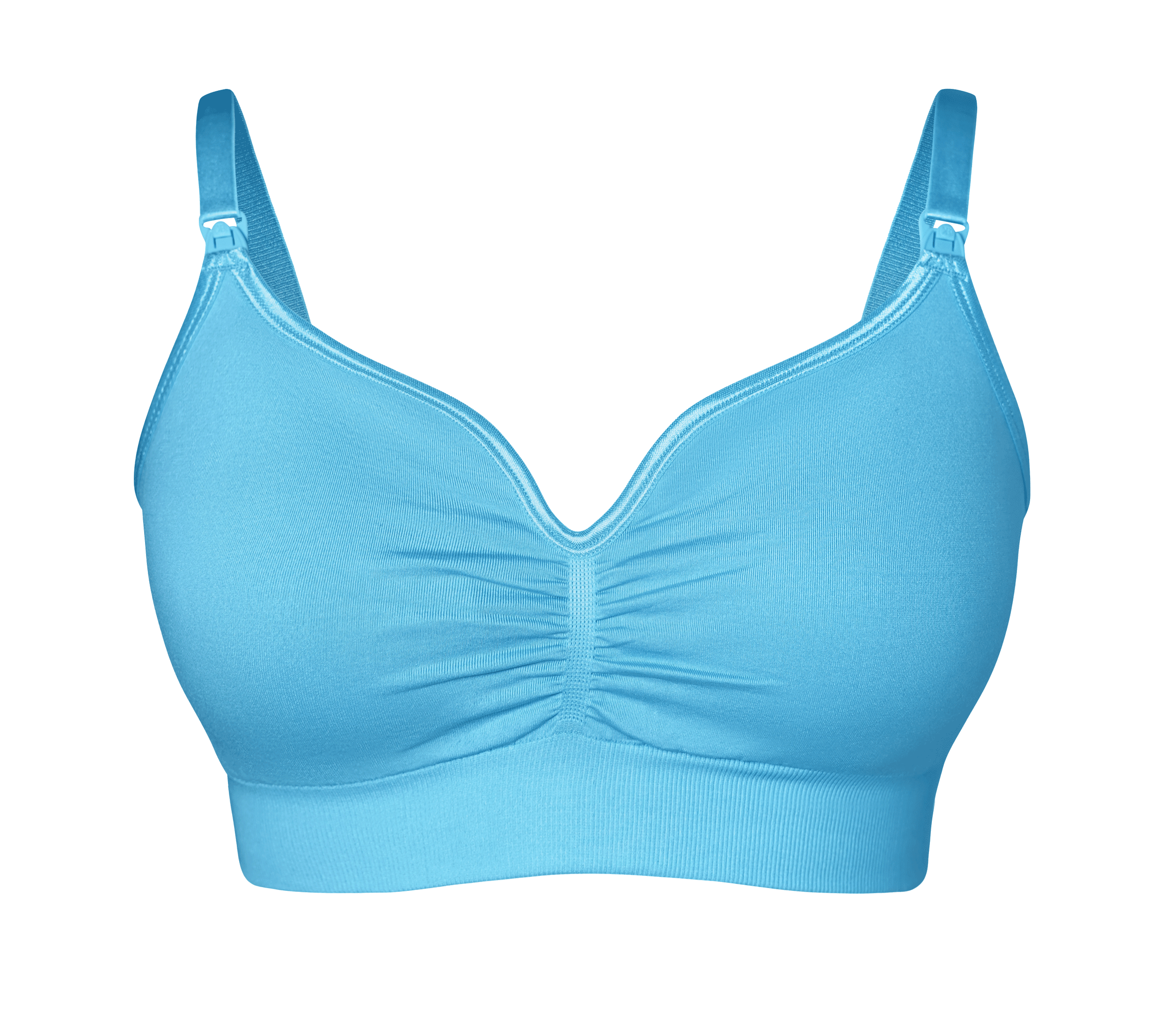 A blue sports bra ghost image with adjustable straps on a black background.